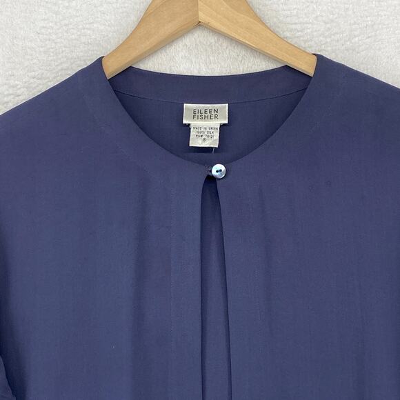 EILEEN FISHER Top S 90s Silk Twill Blouse One Button Long Sleeve Blue Vintage - Picture 6 of 14